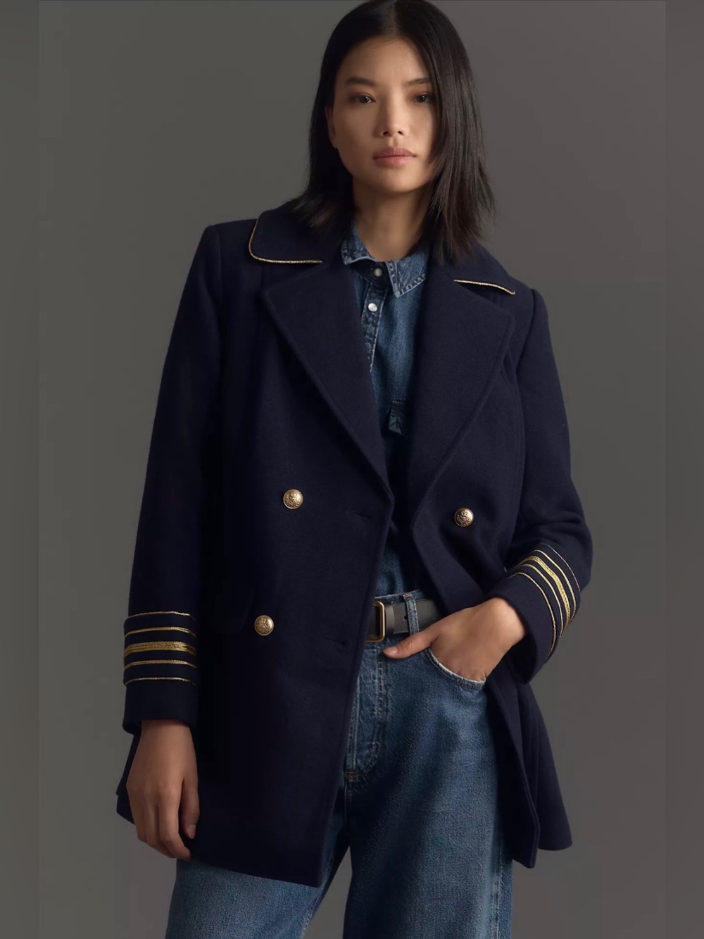 Anthropologie - Maeve Military Peacoat - Navy Blue - Size S - gold trim